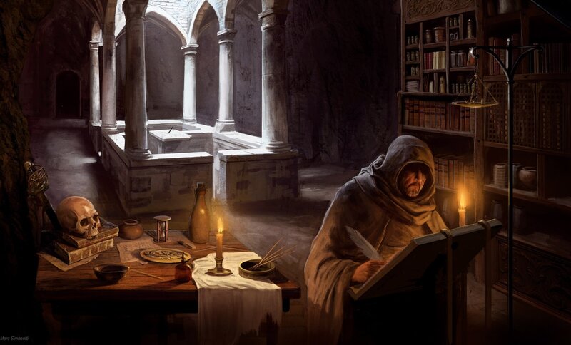 Monk writing in a library