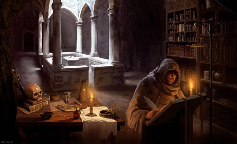 Monk writing in a stone library
