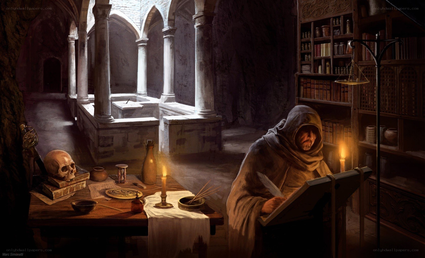 Monk writing in a stone library