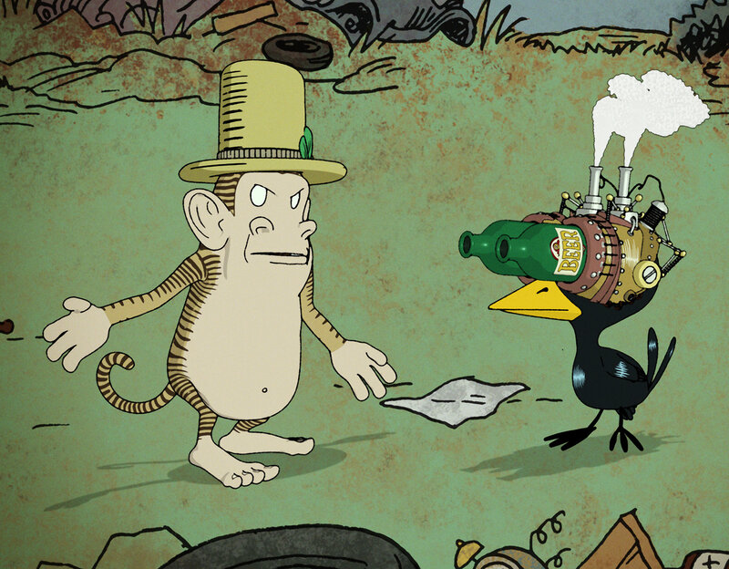 Monkey and bird with beer contraption