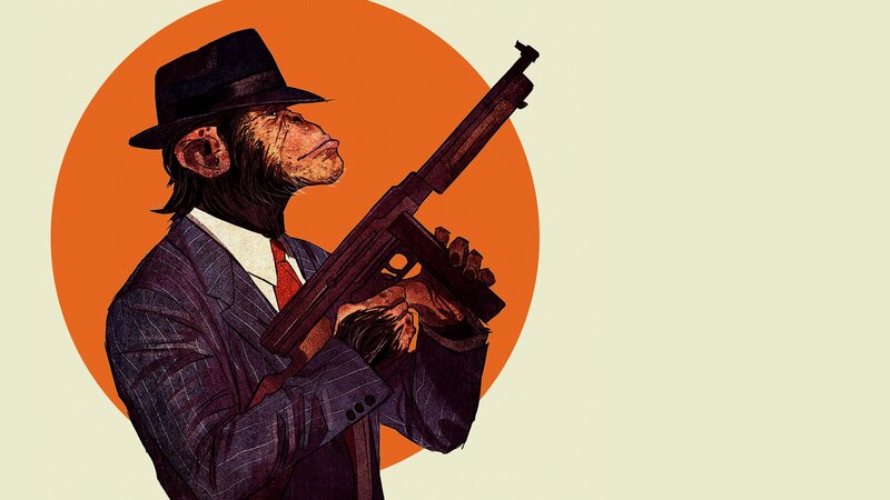 Monkey in Suit Holding Gun