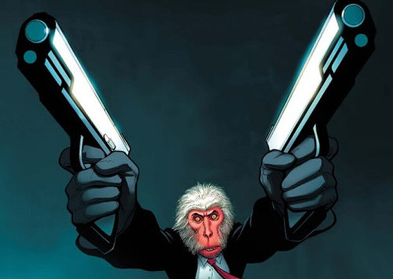 Monkey in Suit Holding Guns