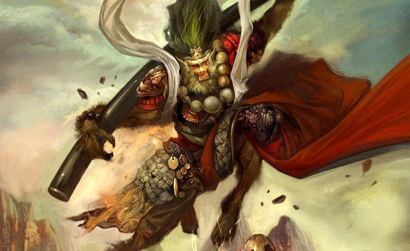 Monkey Warrior with Staff — Red, Dramatic, Digital Art, Cape, Beads, Brown, Green