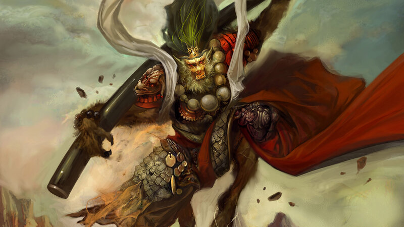 Monkey Warrior with Staff — Red, Dramatic, Digital Art