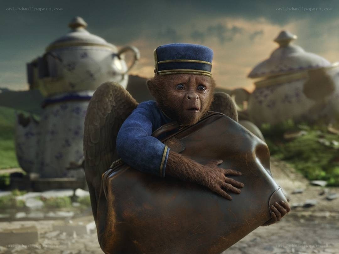 Monkey with suitcase in fantasy landscape