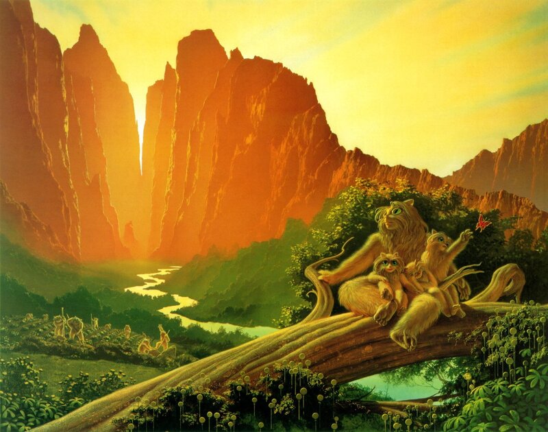 Monkeys on a branch at sunset