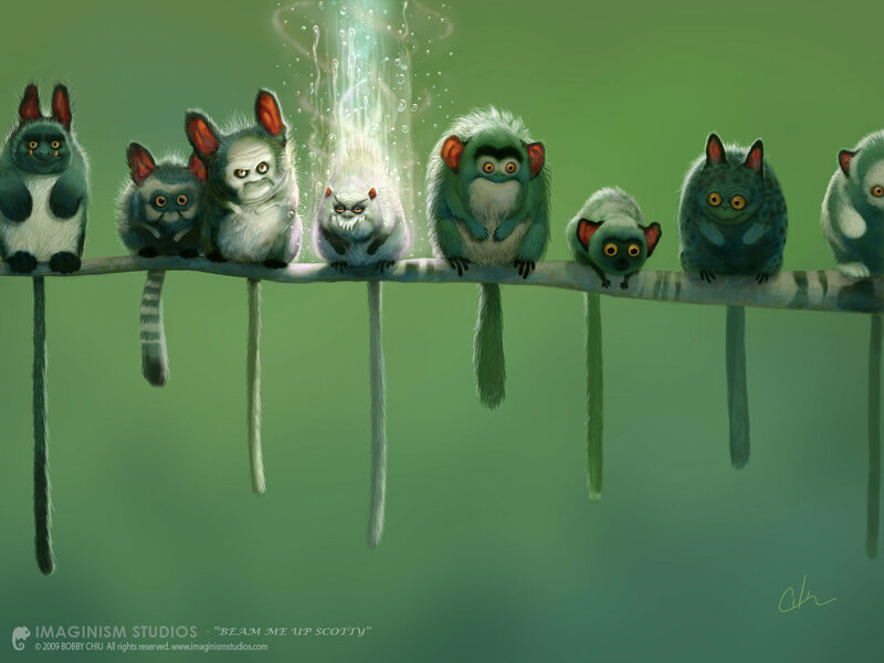 Monkeys on a Branch — Green, Whimsical, Digital Art, Light Beam, Tails