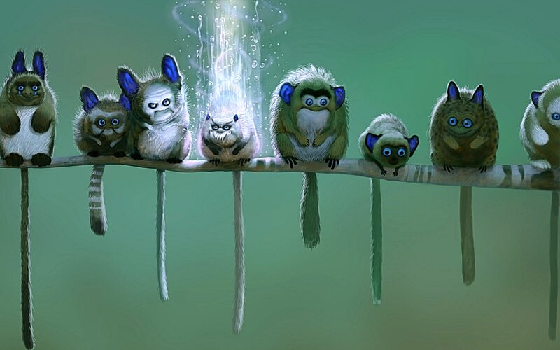 Monkeys on a Branch — Green, Whimsical, Digital Art, Light Beam, Tails, White