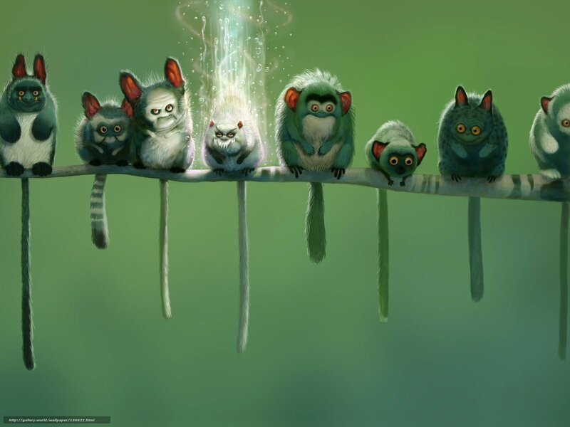 Monkeys on a Branch — Green, Whimsical, Digital Art