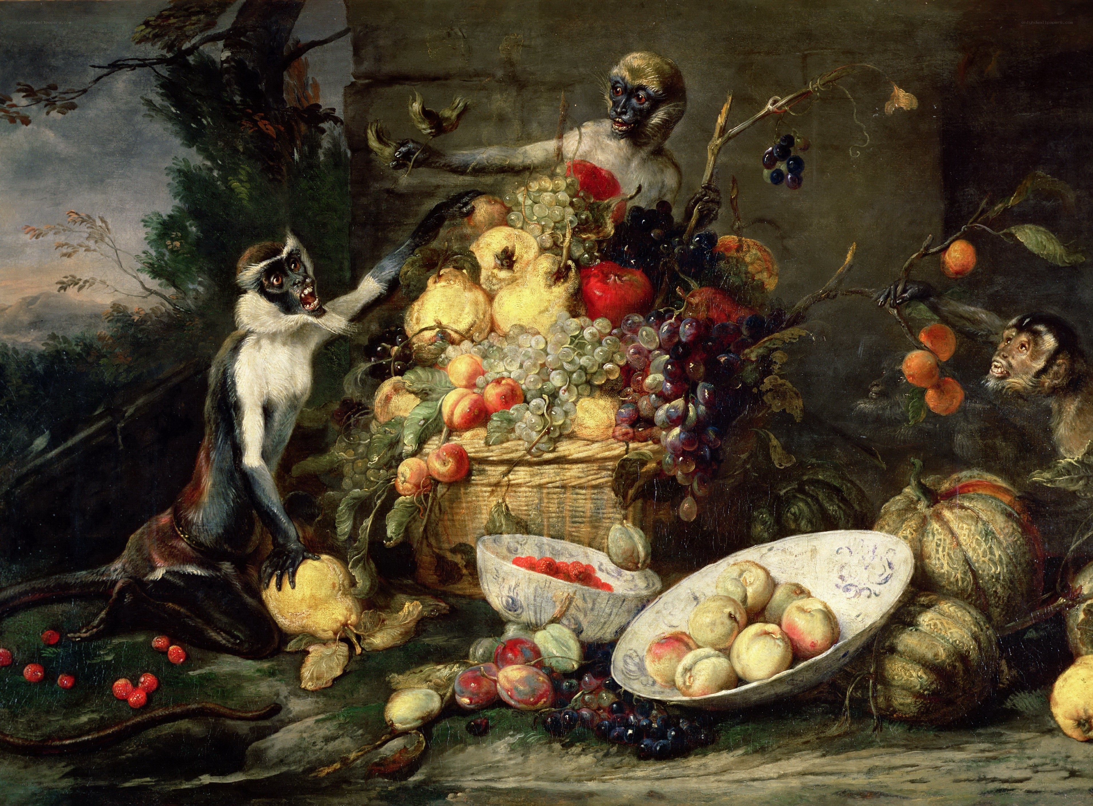 Monkeys with a fruit basket