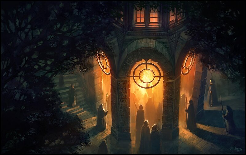 Monks at a glowing temple entrance