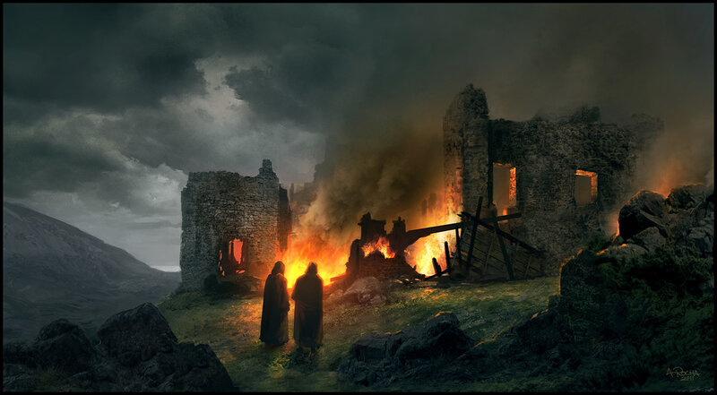 Monks at Burning Ruins