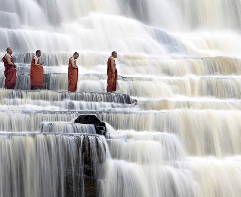 Monks at Waterfall