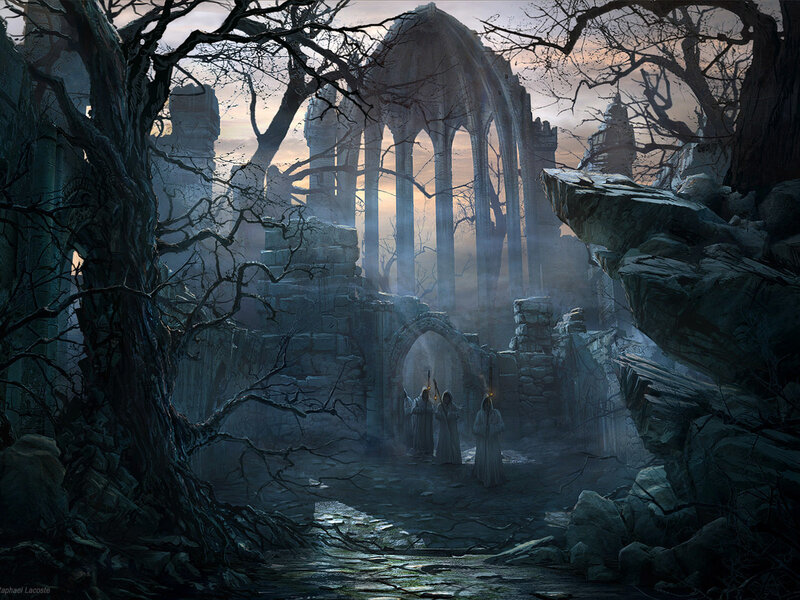 Monks in Ruins — Gray, Dramatic