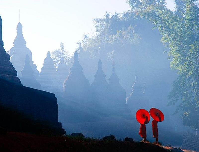 Monks with Red Umbrellas — Serene