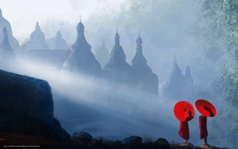 Monks with red umbrellas