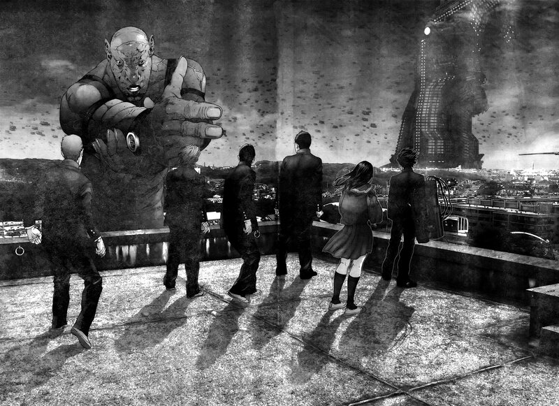 Monochrome manga scene with giant monster