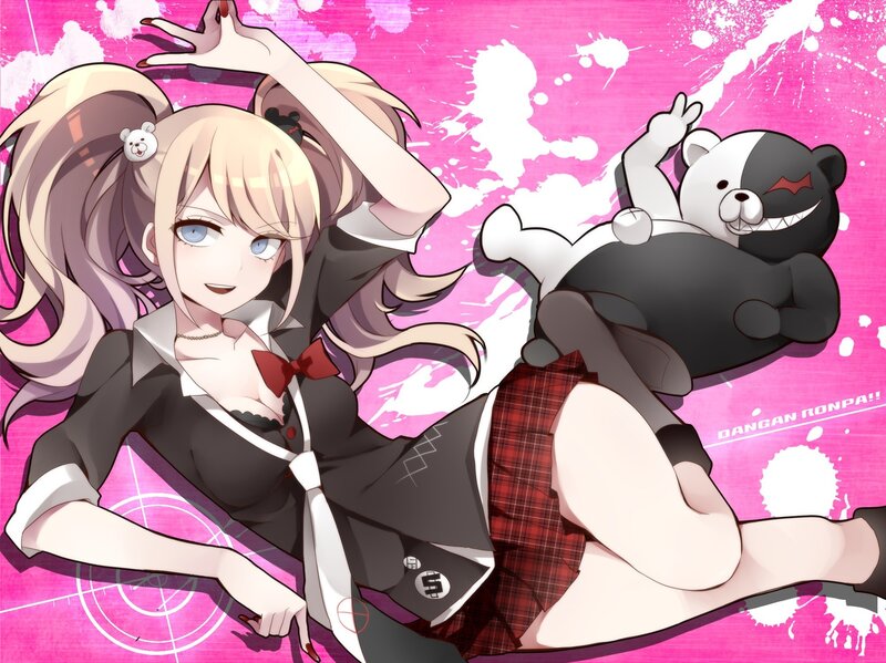 Monokuma and a girl in school uniform
