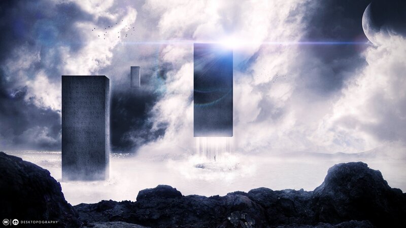 Monoliths in Misty Landscape