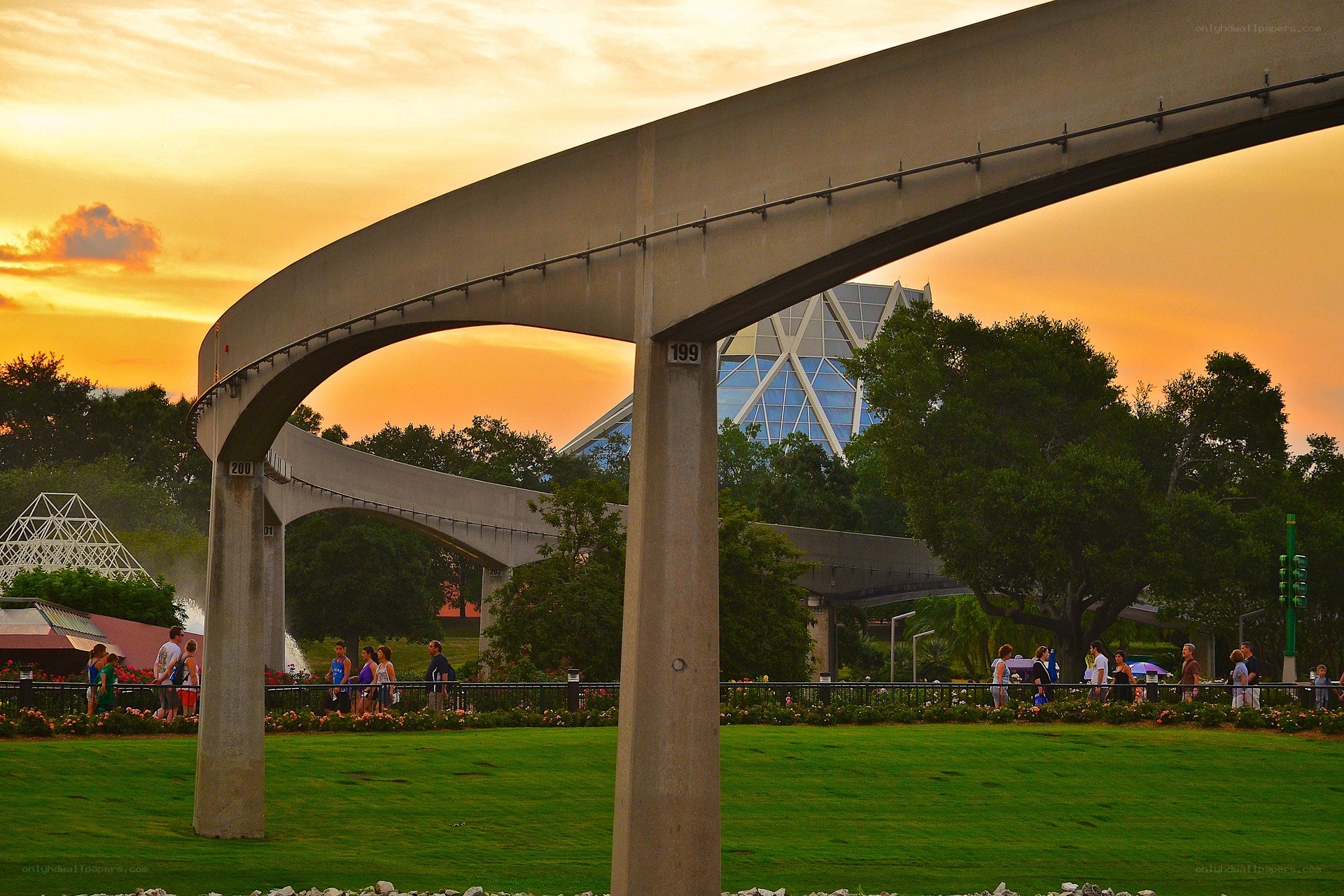 Monorail at sunset in a theme park