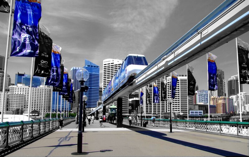 Monorail Train on Bridge — Blue