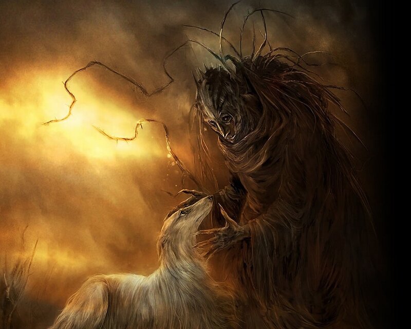 monster and dog in fiery field