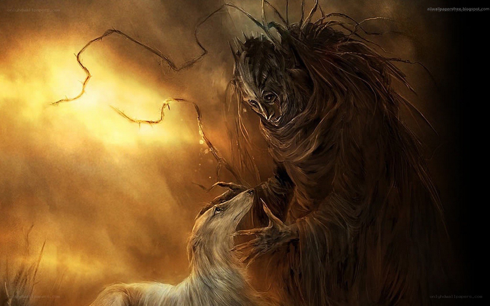 monster and dog in golden light
