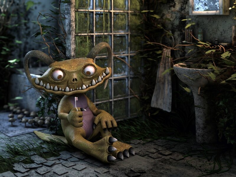 monster brushing teeth in garden