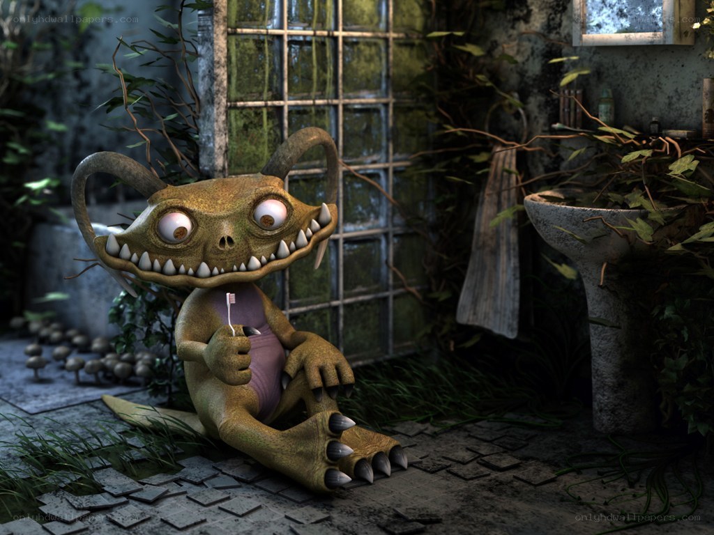 monster brushing teeth in garden