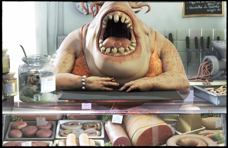 Monster butcher behind counter