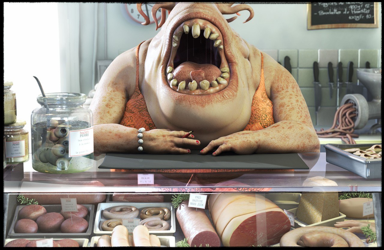 Monster butcher behind counter