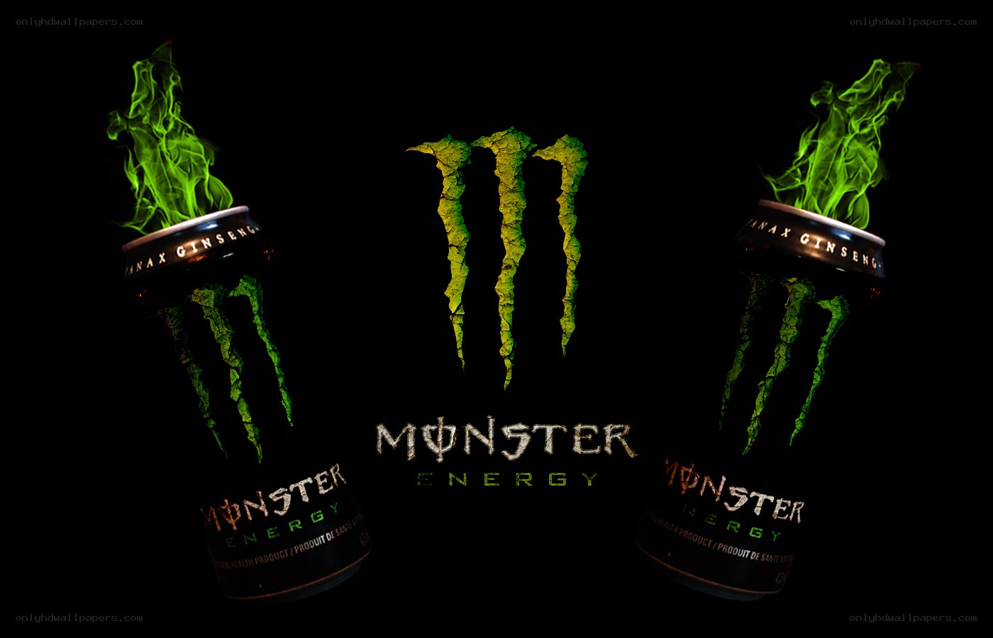Monster Energy cans with green flames