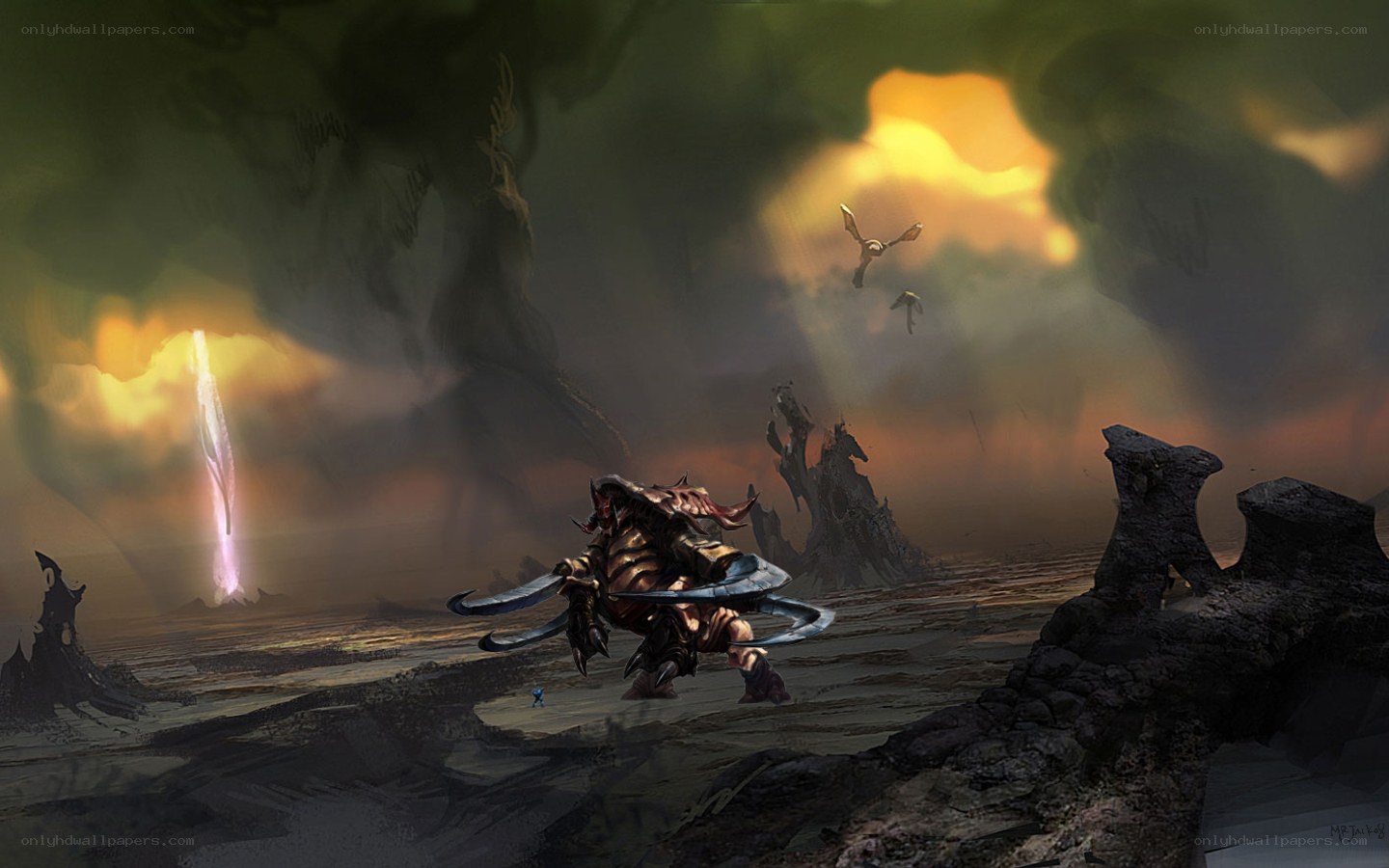 monster in a desolate landscape