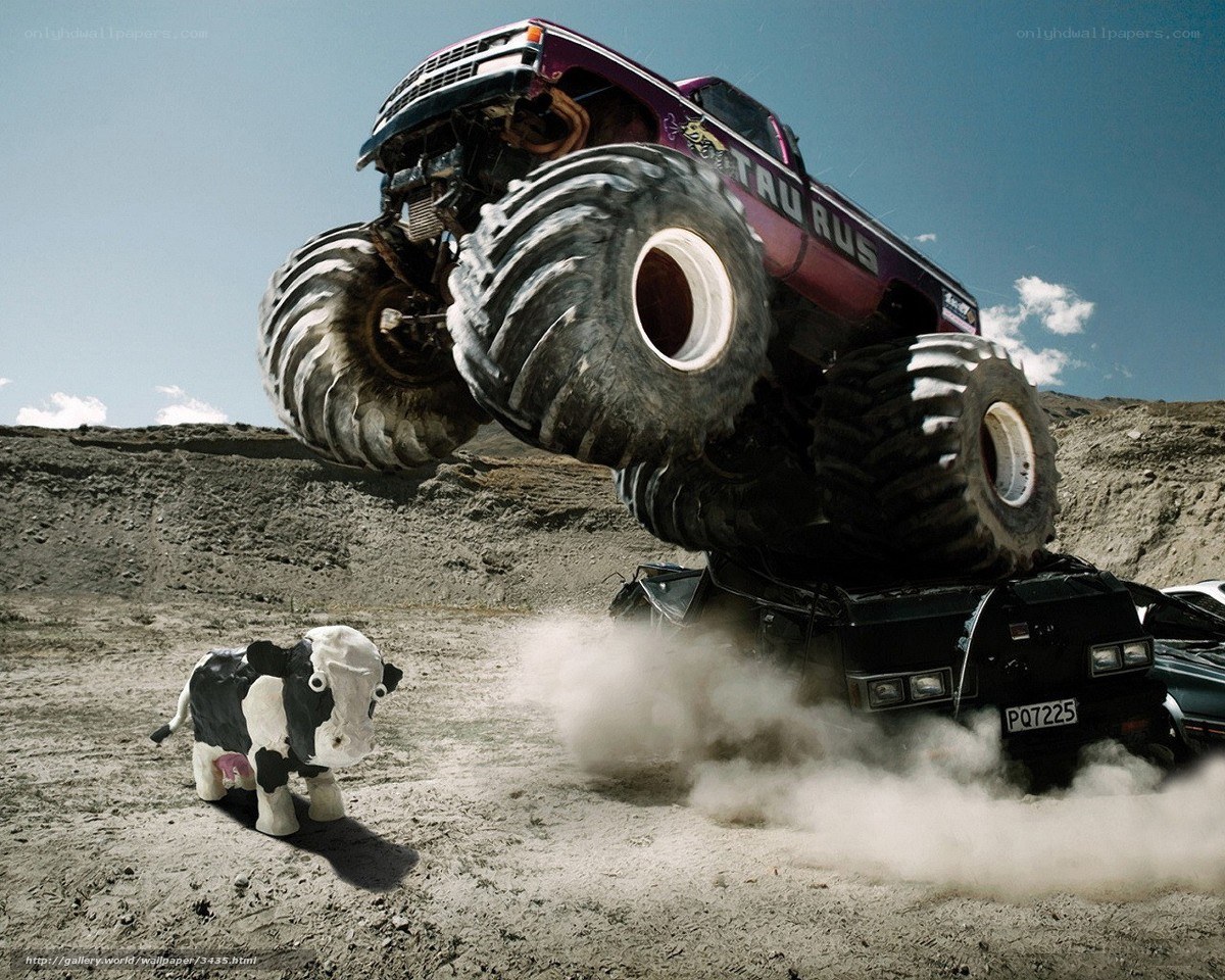 Monster truck crushes car
