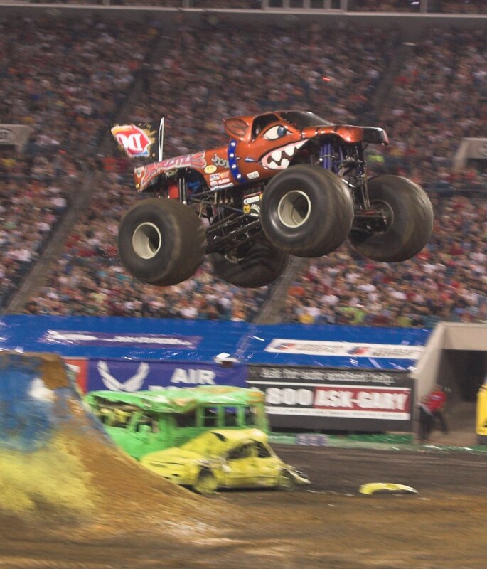 Monster truck in mid-air jump
