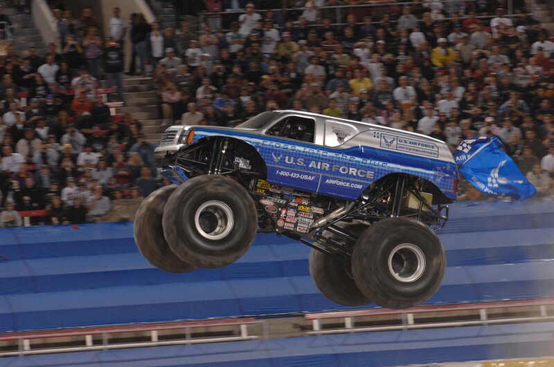 Monster truck in mid-air jump