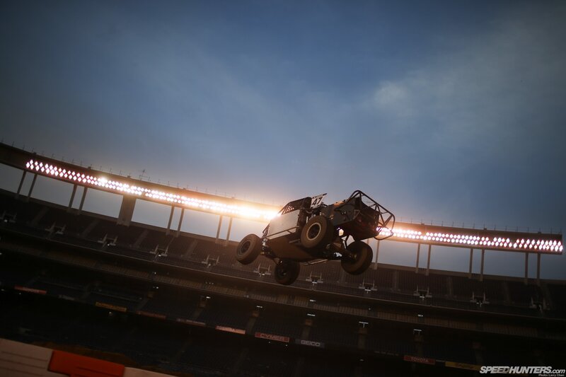 Monster truck in mid-air jump