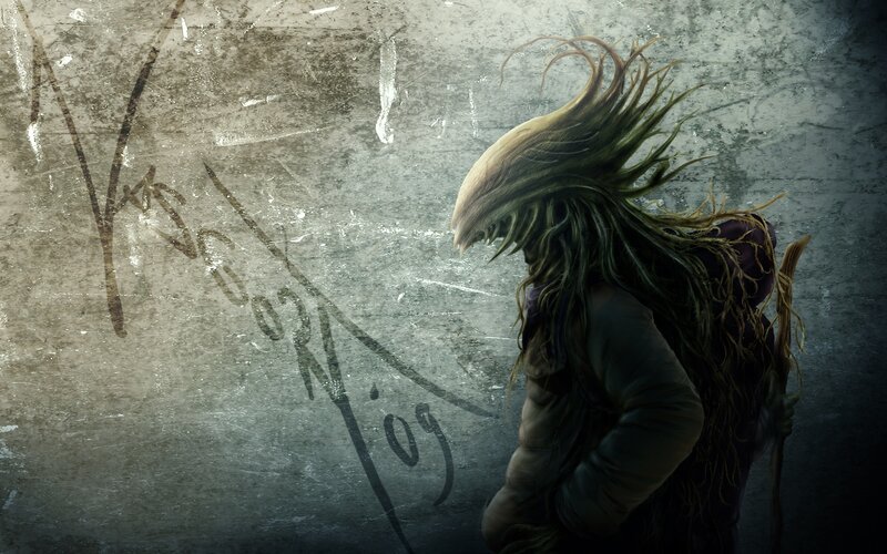 monster with long hair on wall