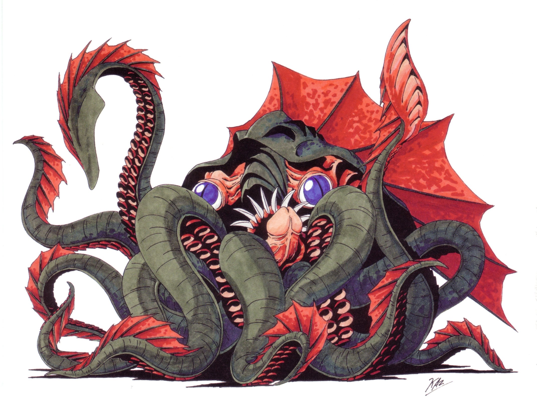 monster with tentacles and red fins