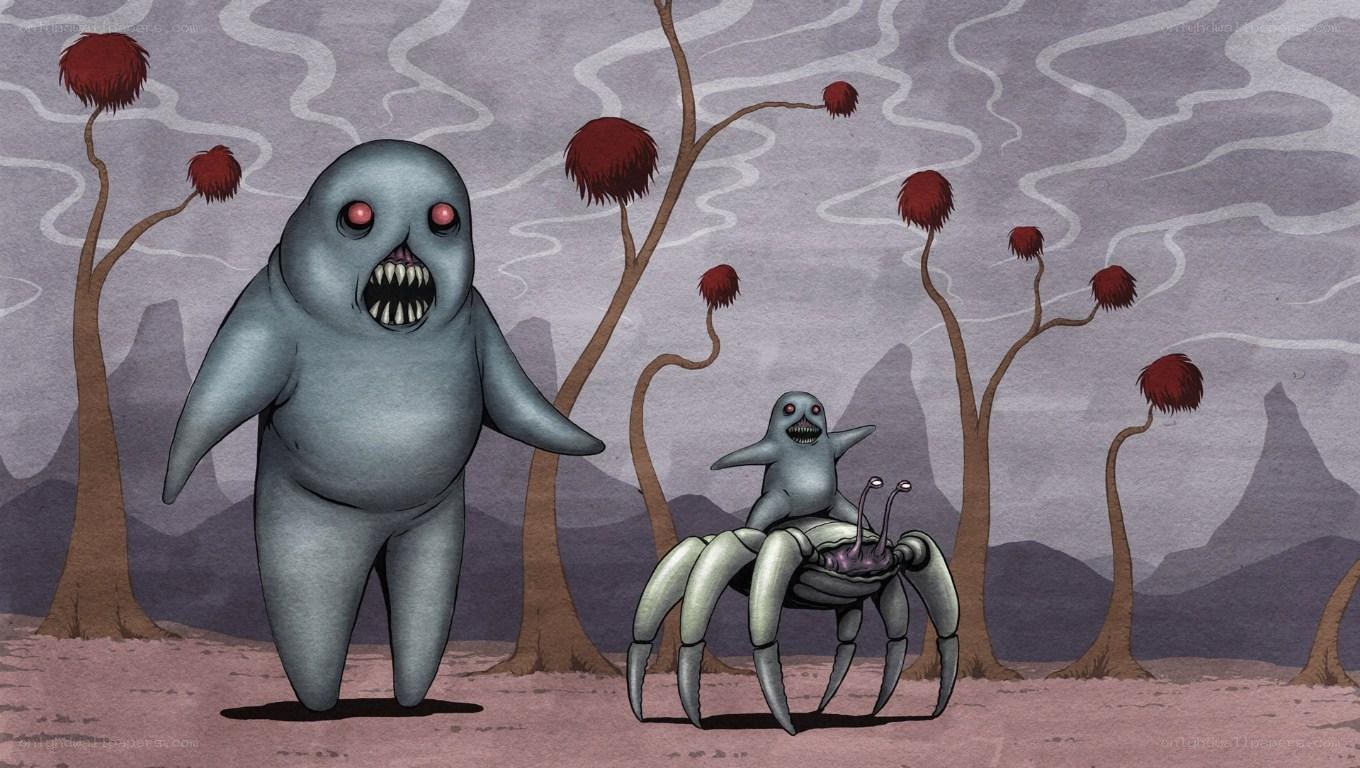 Monsters in a surreal landscape