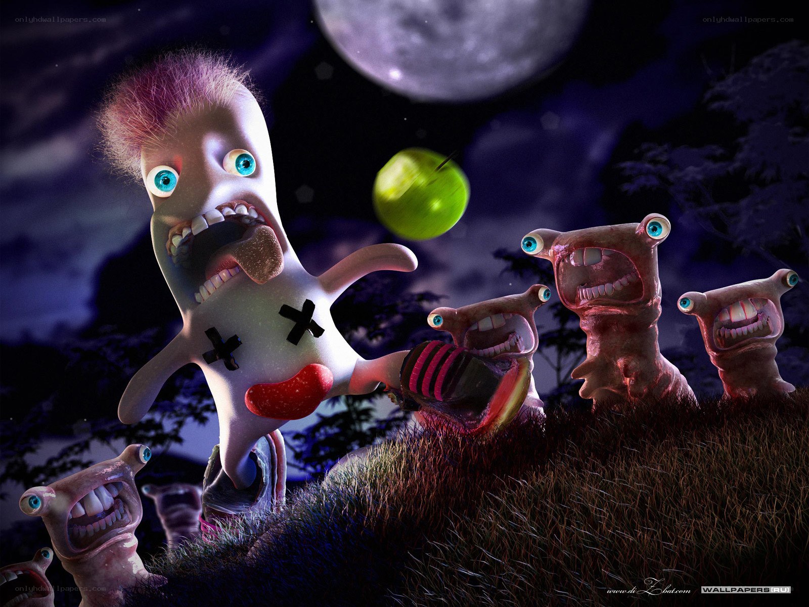 Monsters play with a green apple