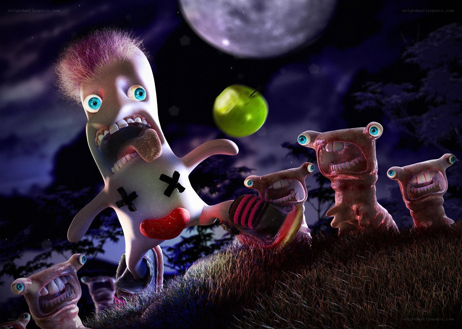 Monsters playing soccer at night