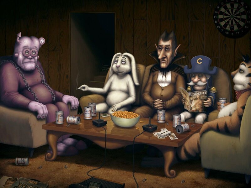 Monsters watching TV in a den