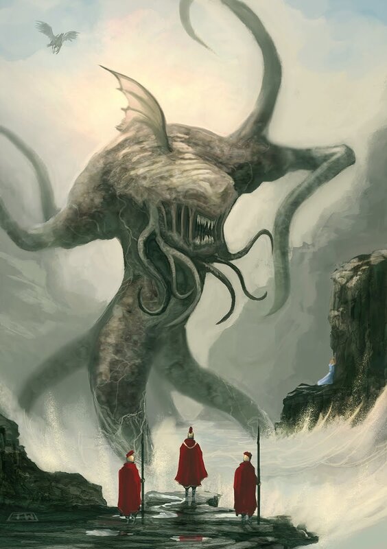 Monstrous creature confronts warriors