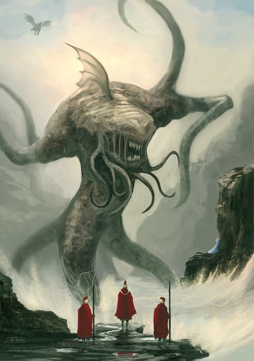 Monstrous creature confronts warriors