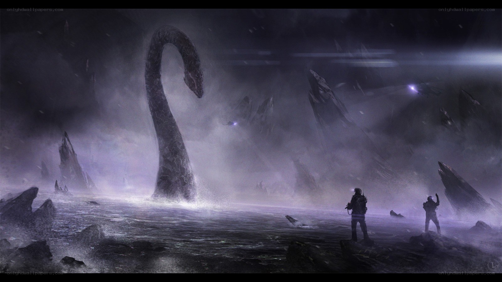Monstrous creature in misty landscape