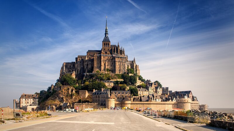 Mont Saint-Michel Abbey — Blue, Serene, Afternoon, Photograph, Castle, Spire, Road