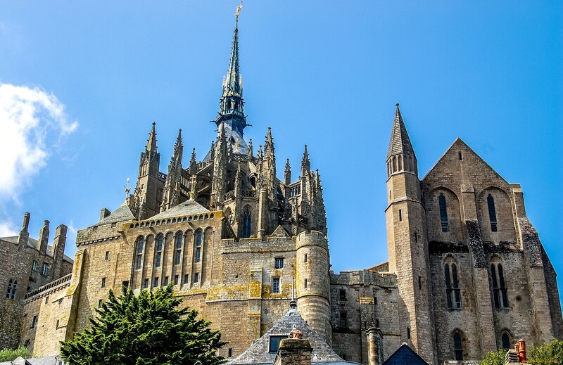 Mont Saint-Michel Abbey — Blue, Serene, Afternoon, Photograph, Castle, Spire, Tree