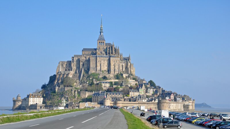 Mont Saint-Michel Abbey — Blue, Serene, Afternoon, Photograph, Road