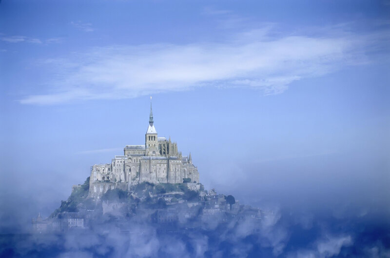 Mont Saint-Michel Abbey — Blue, Serene, Morning, Photograph, Clouds, Sky